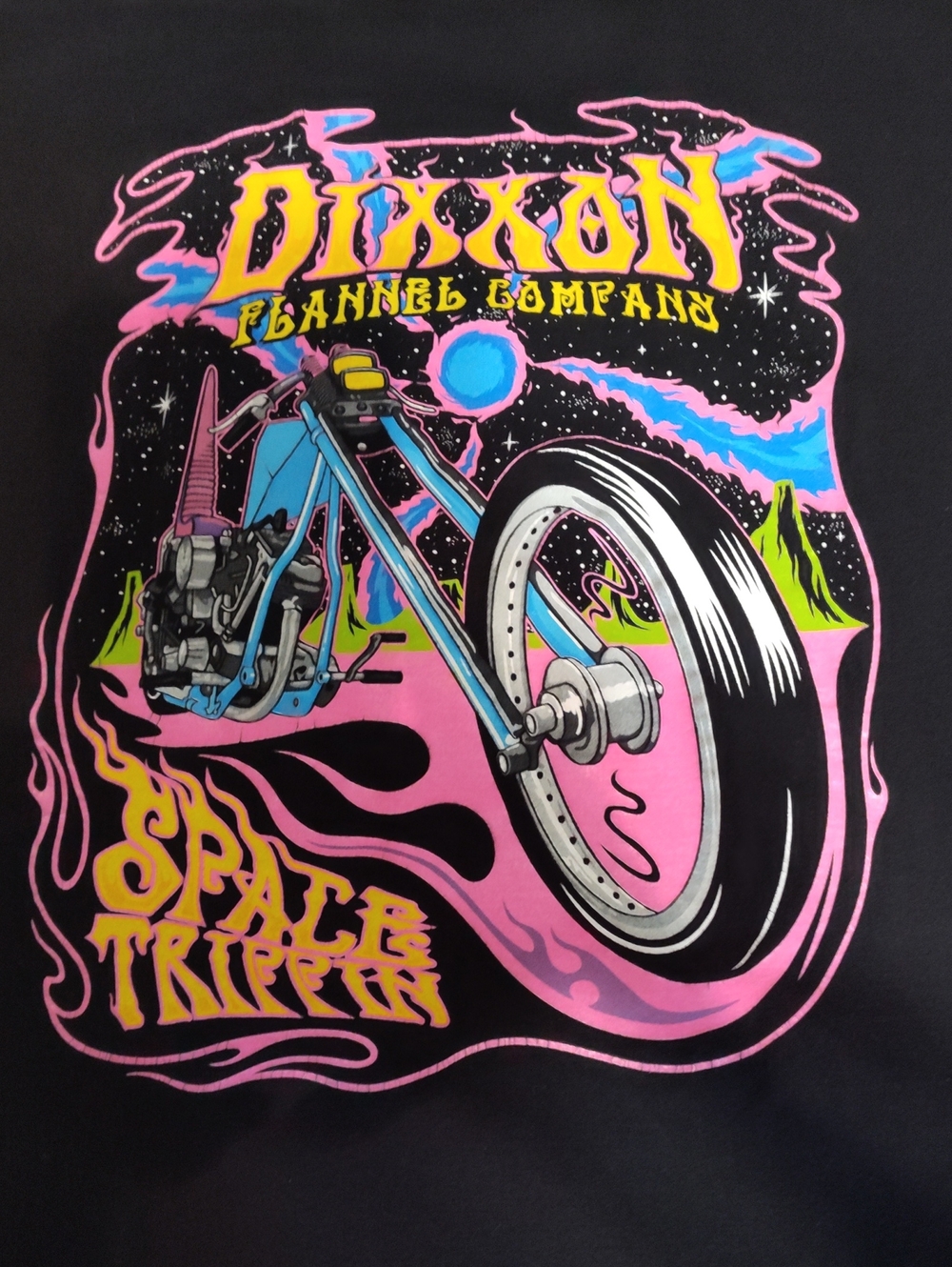 DIXXON Black Tee with Pink, Yellow & Blue Space Trippin Motorcycle Graphic